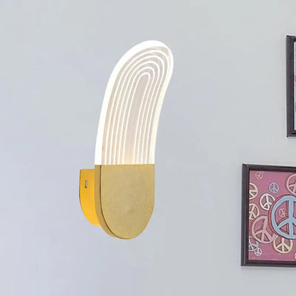 Modern black and gold curved led sconce light with concentric white light strips on a metallic wall lamp base