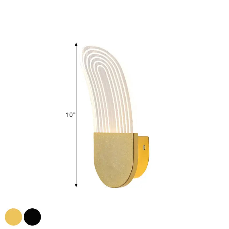 Modern black and gold curved sconce light with concentric white led strips and matte gold wall lamp base for bedroom