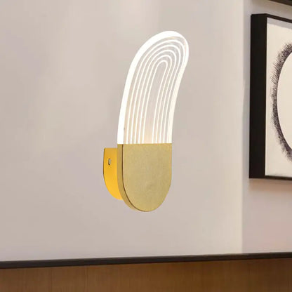 Modern black and gold curved led sconce light with gold-toned illuminated concentric white light strips wall lamp
