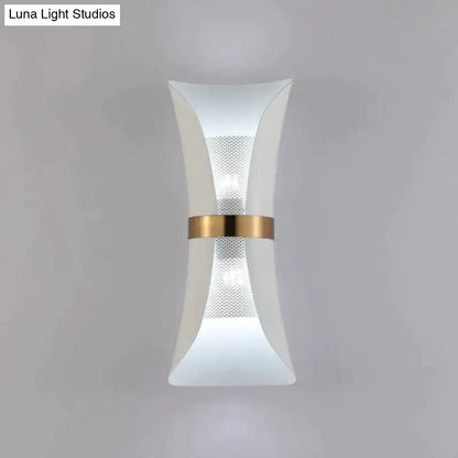 Modern white acrylic wall lamp with gold-toned metallic band and perforated mesh detail for bedroom use