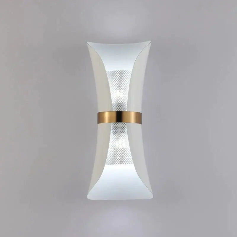 Modern white wall lamp with sleek curved design and central gold accent band for bedroom lighting