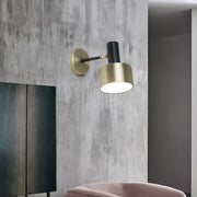 Modern black and gold cylinder sconce with adjustable arm metal wall lighting for living room use