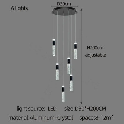 Modern black and clear crystal decorbites cylindrical crystal chandelier with six adjustable led lights for living room decor