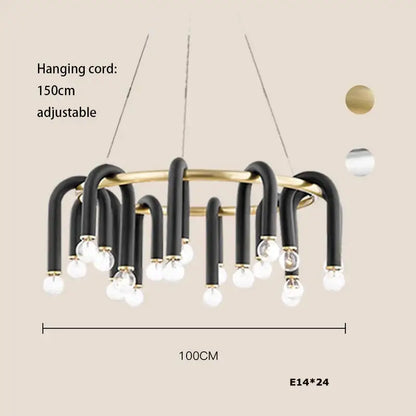 Modern black and gold dimmable led chandelier with 24 exposed e14 bulbs made of decorbites black aluminum tube dimmable led design