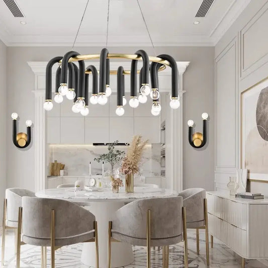 Modern black and gold dimmable led chandelier with curved arms and spherical bulbs decorbites black aluminum tube light