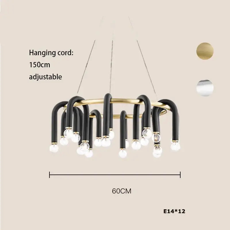Modern black and gold dimmable led chandelier with twelve exposed e14 bulbs featuring decorbites black aluminum tube design