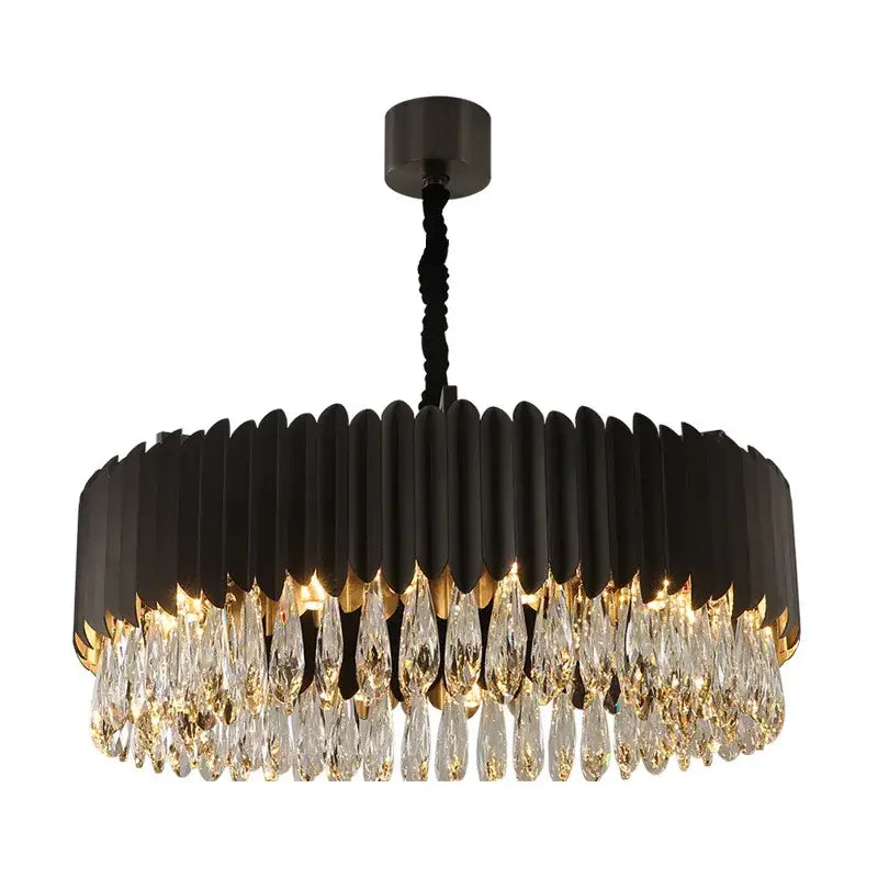 Modern black and gold dimmable led round ceiling chandelier with black metal frame and decorbites crystal droplets for dining room