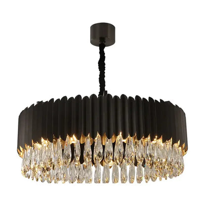 Modern black and gold dimmable led round ceiling chandelier with black metal frame and decorbites crystal droplets for dining room
