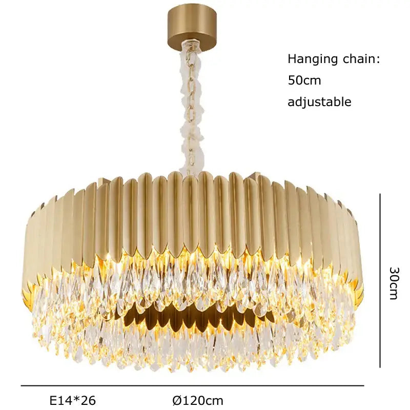 Gold-toned decorbites crystal ceiling chandeliers with a circular fluted frame and dimmable led round droplets for dining room decor