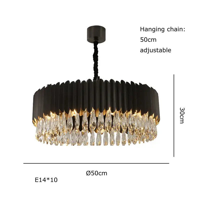 Modern black and gold dimmable led round ceiling chandelier with decorbites crystal droplets for dining room decor