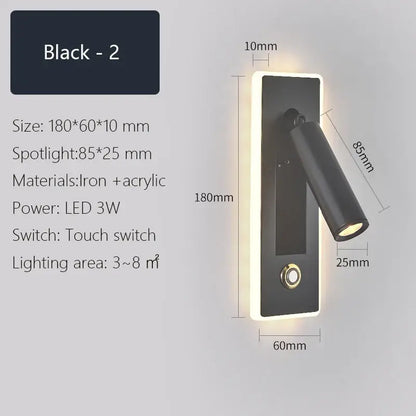 Modern black and gold dimmable led wall sconce with sleek iron and acrylic design and adjustable arm for targeted illumination