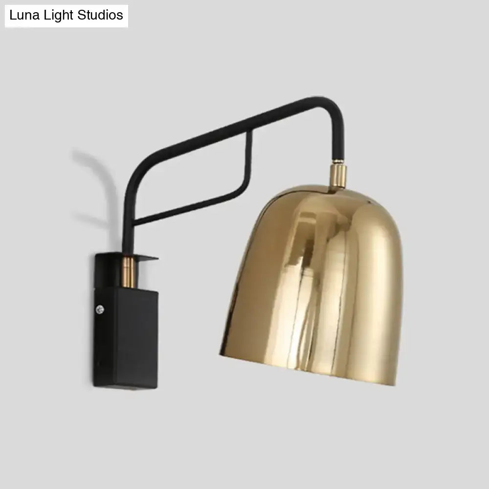 Modern black and gold dome wall sconce with brass dome and black articulated arm compatible with 220v-240v and 110v-120v