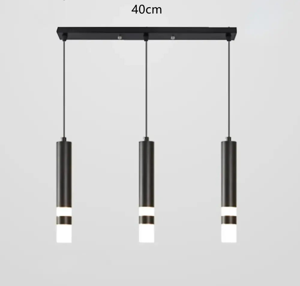 Modern black pendant light with white illuminated bands hanging from a 40cm rectangular mount for 5 square meters kitchen
