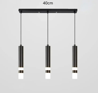 Modern black pendant light with white illuminated bands hanging from a 40cm rectangular mount for 5 square meters kitchen