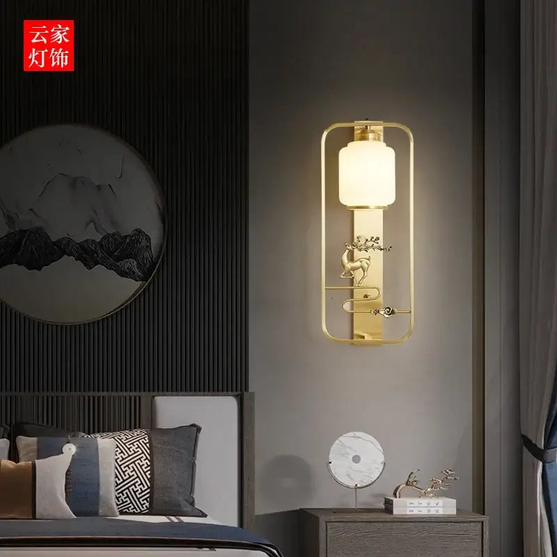 Gold-toned rectangular wall lights with frosted glass shade and ornate deer figurine elk decor wall by decorbites