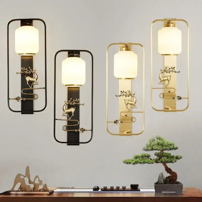 Three modern wall lights with black and gold elk decor wall rectangular sconces featuring frosted glass shades