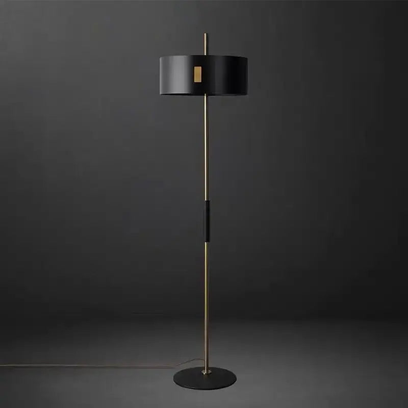 Black metal e27 floor lamp with gold accent shade and slender brass pole for modern living room decorbites black metal