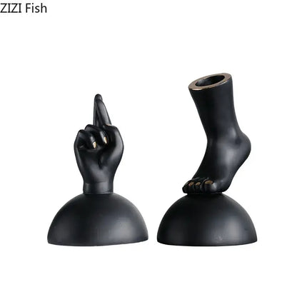 Modern black and gold foot statue artwork featuring resin hand and foot sculptures with gold nail tips for living room decor
