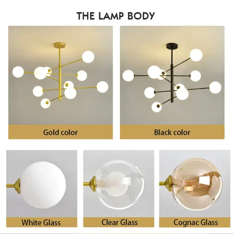 Modern black and gold g9 led chandelier with sleek branching metal frame and six spherical glass globes in decorbites black gold finish