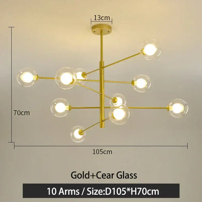 Gold g9 led chandelier with ten clear glass globe bulbs in decorbites black gold finish for modern living room decor