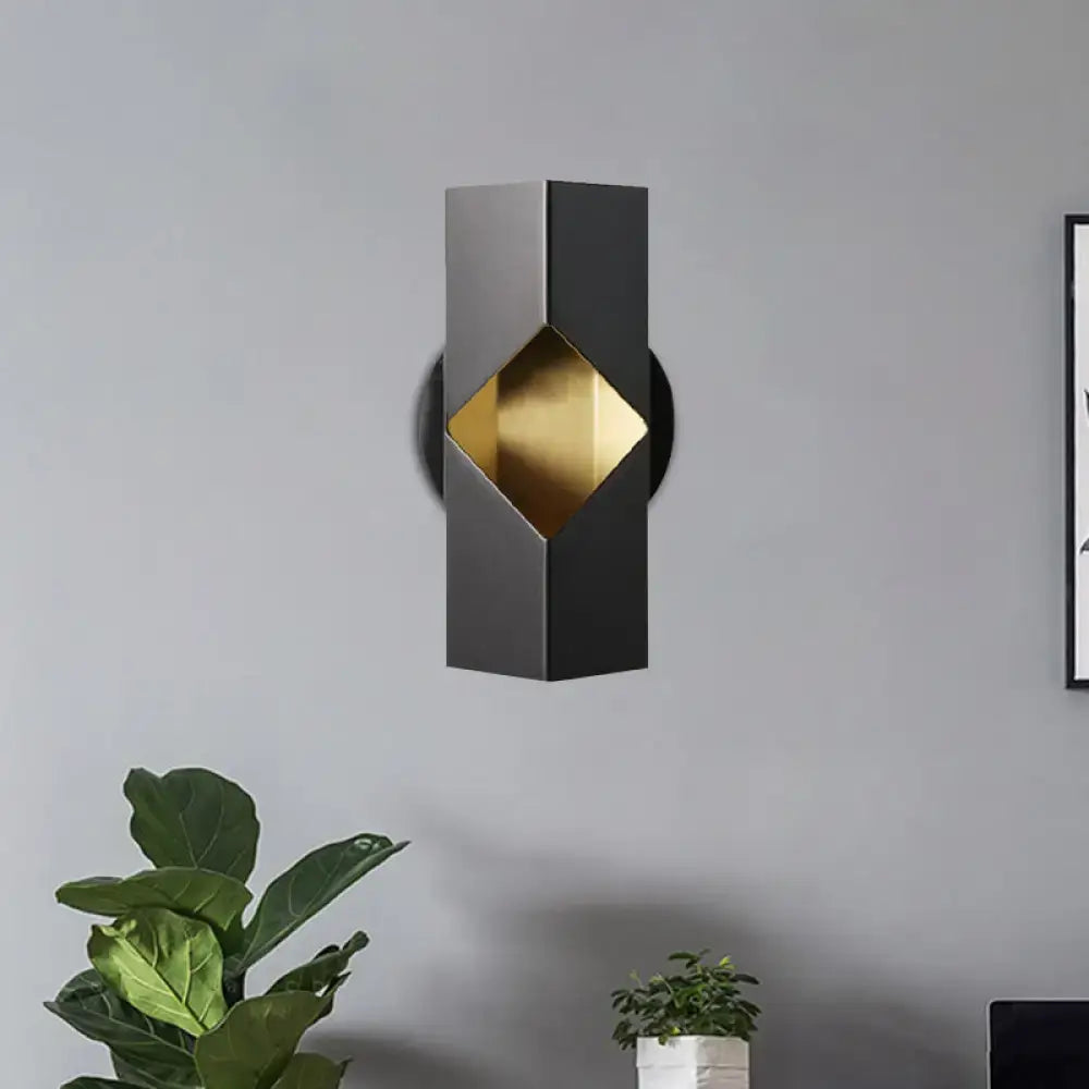 Modern black and gold geometric led sconce with iron shade and sleek 12 inch fixture for bedroom lighting