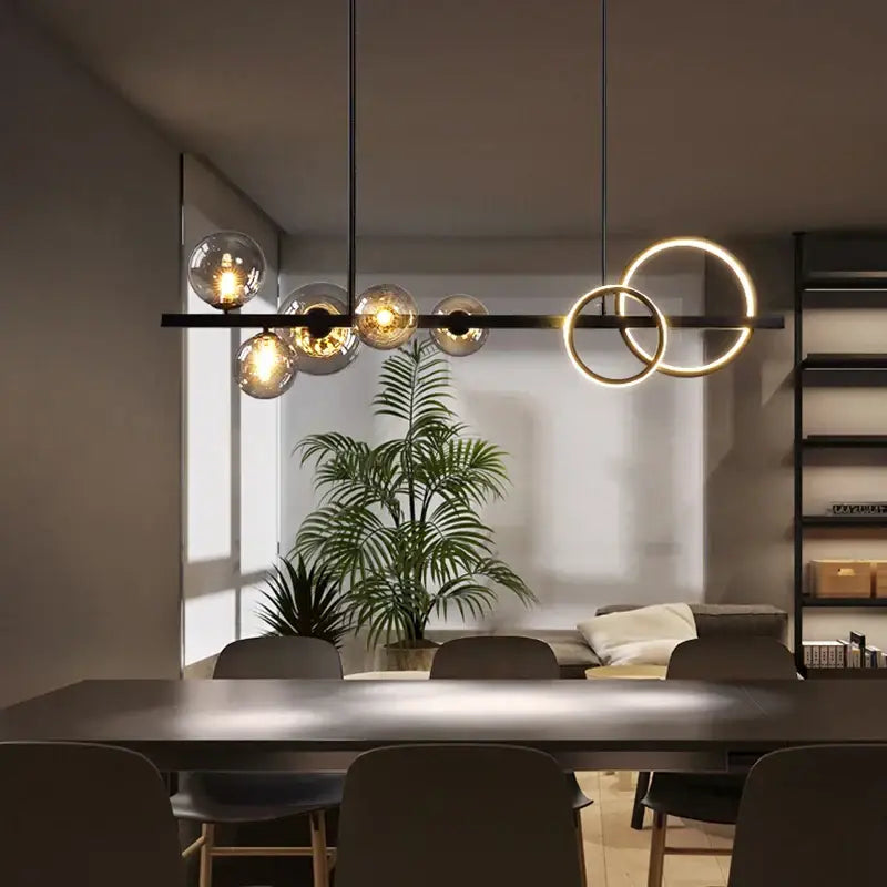Modern black and gold glass ball led chandelier with spherical bulbs and glowing rings for dining room decorbites glass ball