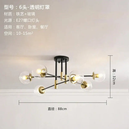Modern black and gold glass ball led chandelier with six clear spherical shades in black iron and brass for living room decorbites glass ball