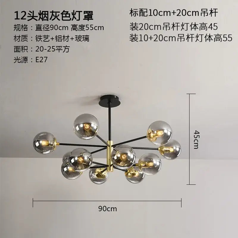 Modern black and gold decorbites glass ball led chandelier with smoked glass globes and brass accent for living room lighting