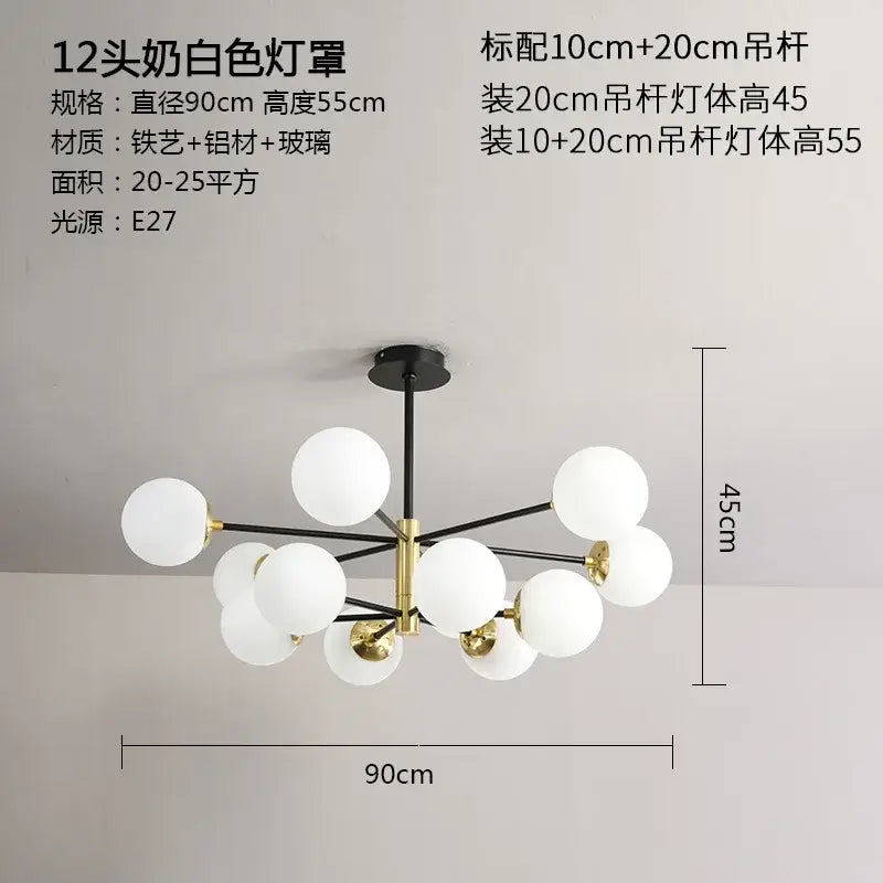 Modern black and gold decorbites glass ball led chandelier with twelve frosted glass spheres for living room light