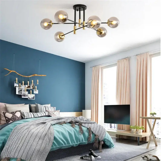 Modern black and gold ball led chandelier with spherical glass shades for living room decor by decorbites glass ball