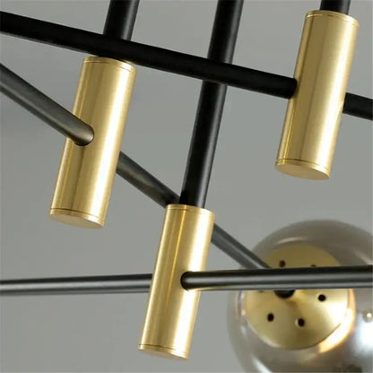 Modern black and gold glass ball led chandelier with geometric black metal rods and polished brass connectors for decorbites glass ball lighting