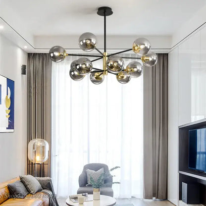 Modern black and gold glass ball led chandelier with metallic silver and gold globes suspended by black rod decorbites glass ball