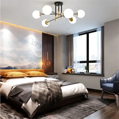Modern black and gold glass ball led chandelier with spherical white glass shades and metal arms for living room decorbites glass ball
