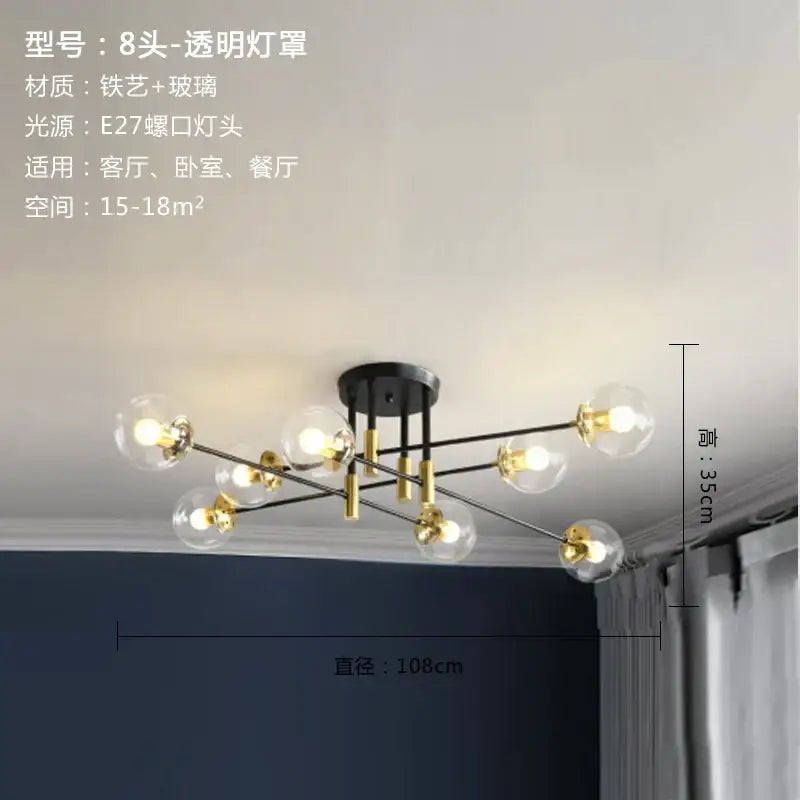 Modern black and gold glass ball led chandelier with eight clear glass globes and iron base for living room decorbites glass ball