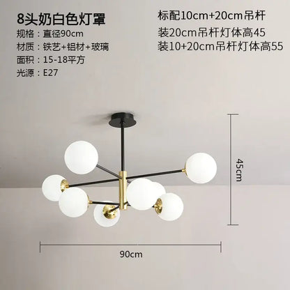 Modern black and gold glass ball led chandelier with frosted white globes and sleek metal frame for living room decorbites glass ball