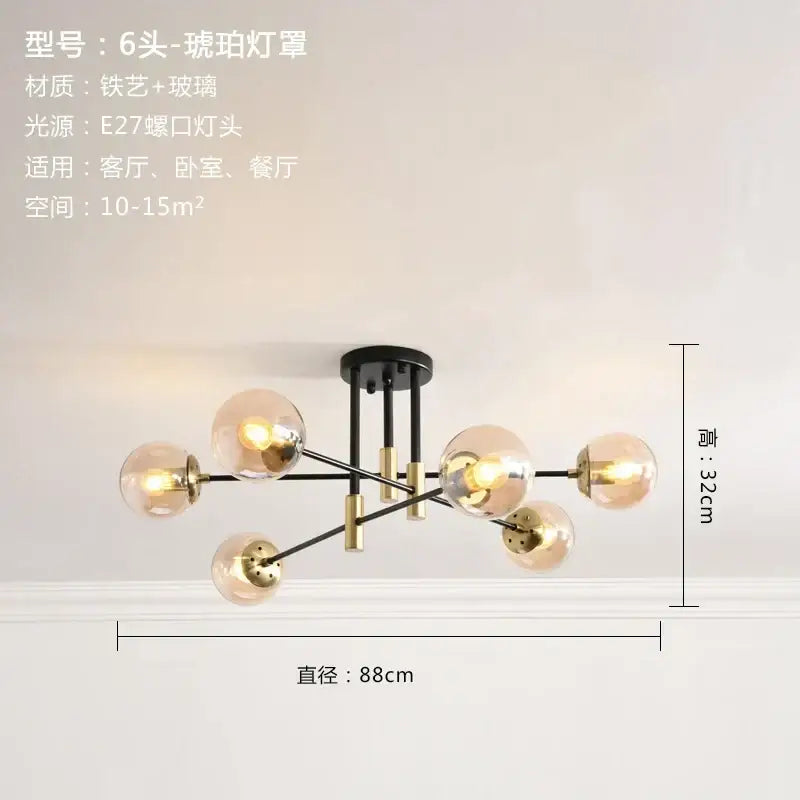 Modern black and gold six-light glass ball led chandelier with black iron and brass accents for living room decorbites glass ball