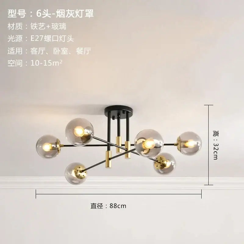 Modern black and gold glass ball led chandelier with six smoked glass globes for living room decorbites glass ball lighting