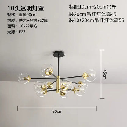 Modern black and gold glass ball led chandelier with ten clear glass globe shades and brass-finished metal arms for decorbites glass ball lighting