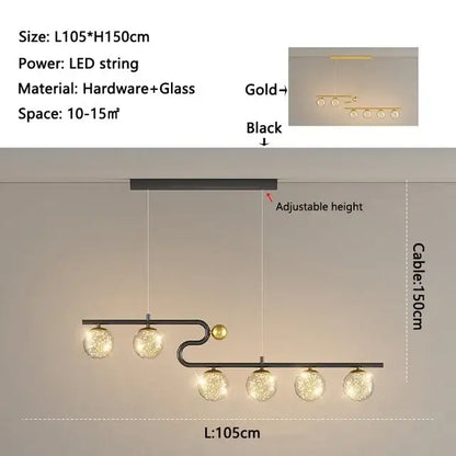 Modern black and gold chandelier pendant with curved metal frame and five glass ball led globe shades for dining room decorbites