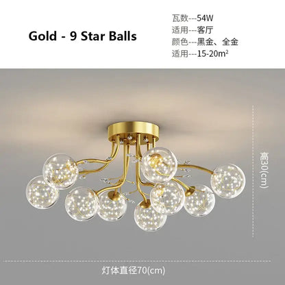 Modern black and gold glass bubble ball ceiling light with nine clear glass spheres and sparkling LED decorbites lighting