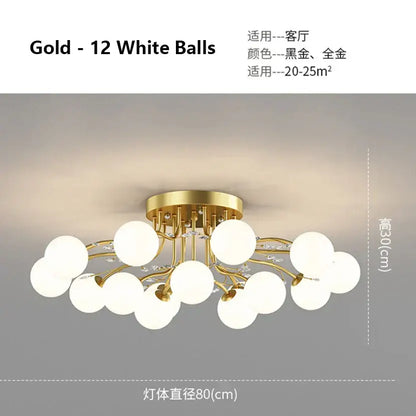 Modern gold ceiling light with twelve white glass bubble ball bulbs and crystal accents for living room decorbites glass bubble