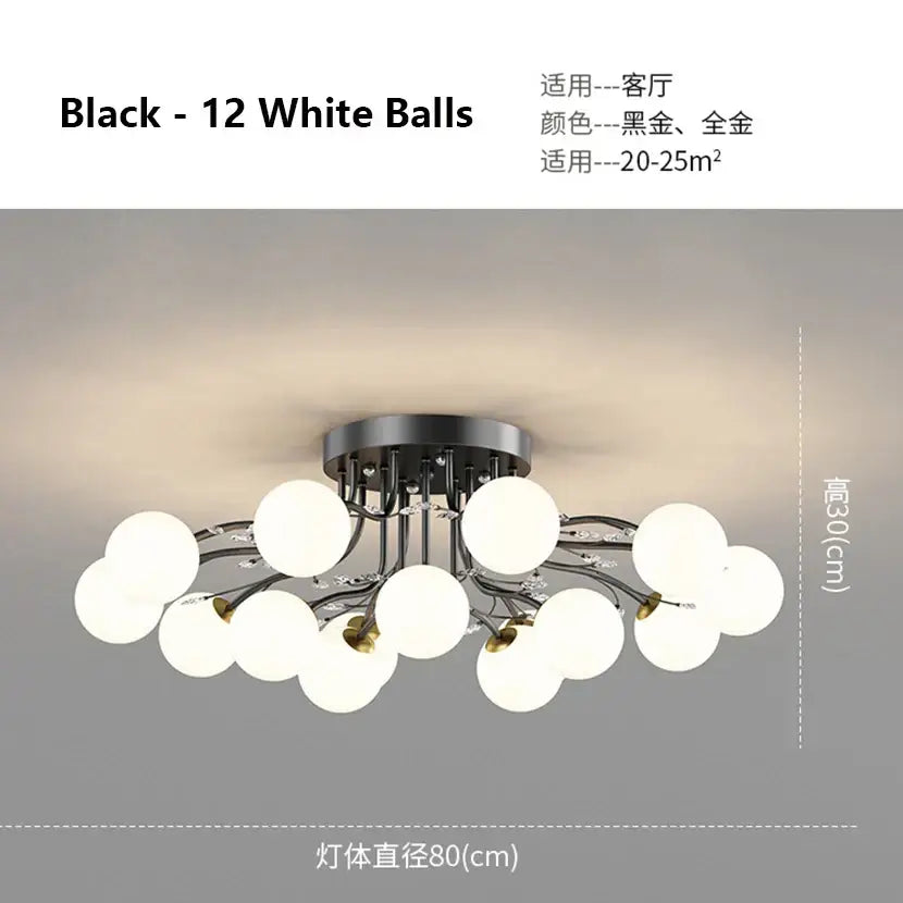 Modern black and gold decorbites glass bubble ball ceiling light with twelve frosted white bulbs for living room decor