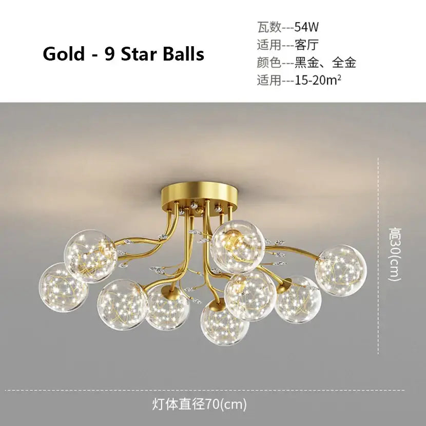 Modern black and gold glass bubble ball ceiling light with nine clear glass spheres featuring sparkling led lights