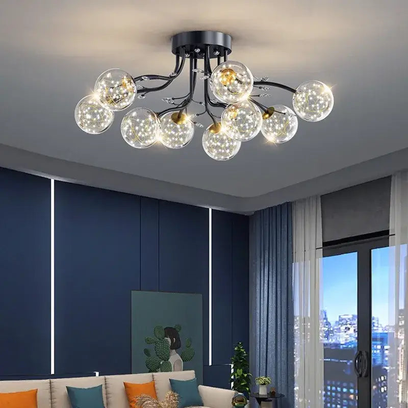 Modern black metal ceiling light with clear glass bubble ball bulbs emitting warm light for stylish decorbites glass decor