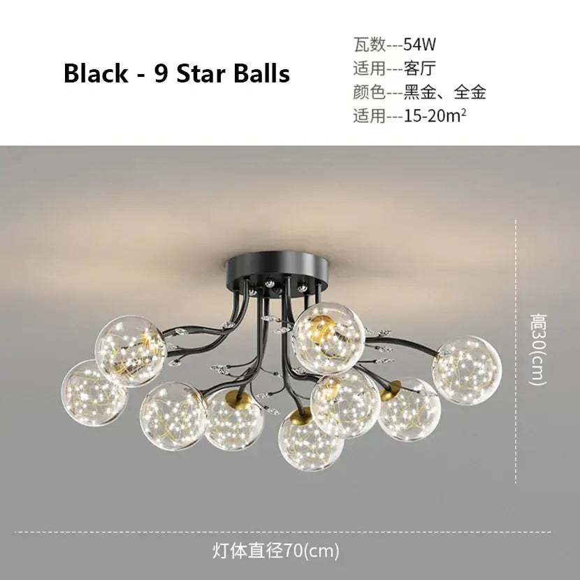 Modern black metal ceiling light featuring nine clear glass bubble ball bulbs with sparkling led decorbites glass lighting