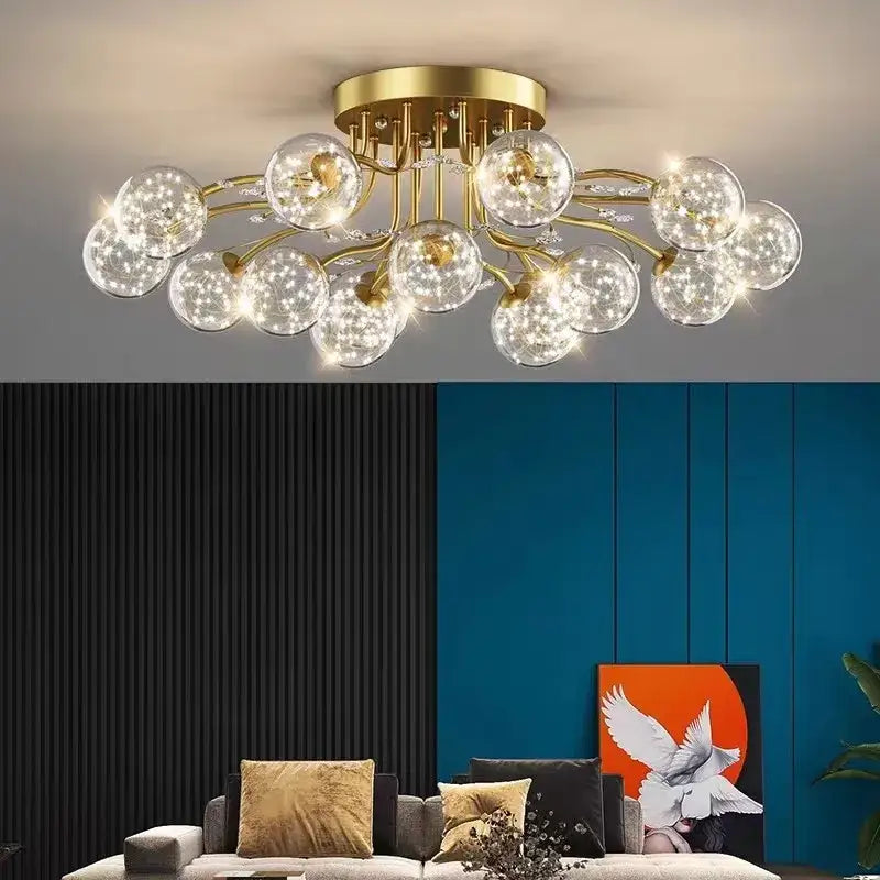 Gold-toned ceiling light with clear glass orbs and crystal accents for modern black and gold decorbites glass bubble ball design