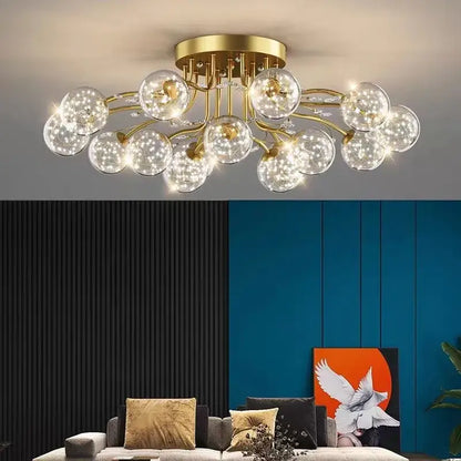 Gold-toned ceiling light with clear glass orbs and crystal accents for modern black and gold decorbites glass bubble ball design