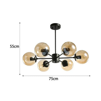 Modern black gold glass pendant light featuring a black metal chandelier with six amber glass globe bulbs for living room decorbites black gold