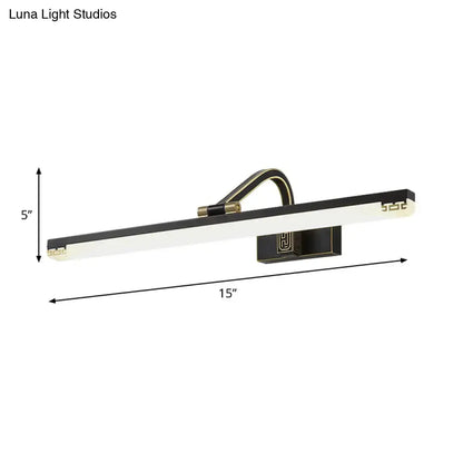 Modern black and gold greek key swing arm wall lamp with sleek rectangular led vanity light and ornate patterns