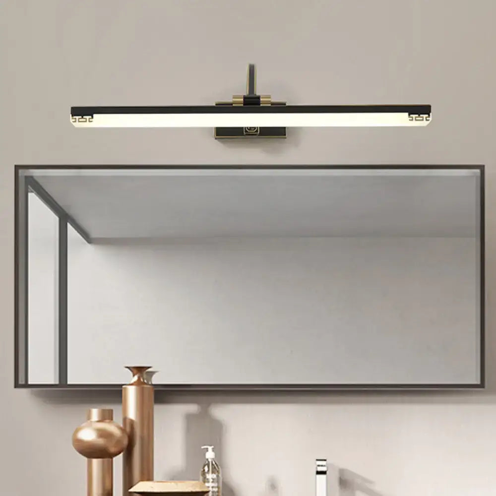 Modern black and gold greek key swing arm wall lamp with decorative patterns for bathroom mirror lighting